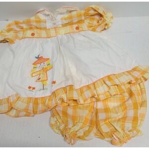 Vintage Baby Girl Gingham‎ Scarecrow Bloomer Set Yellow Orange Embroidered Retro